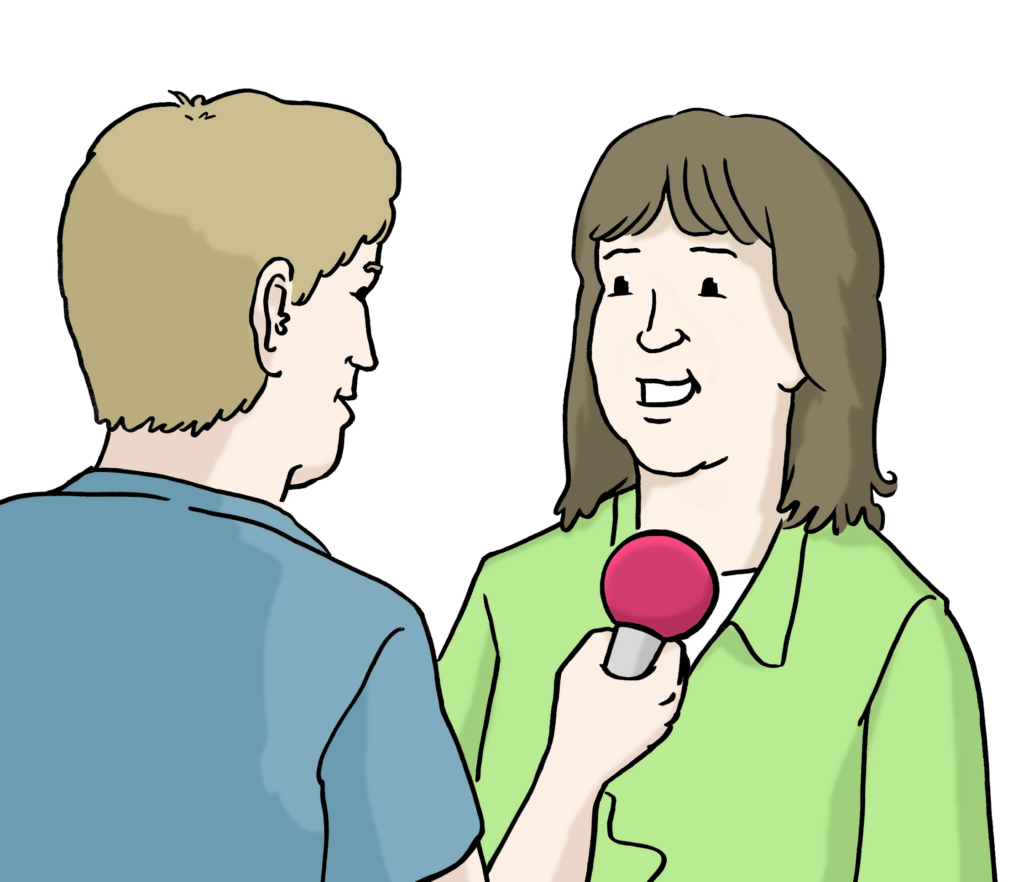 Grafik eines Mannes, der mit einer Frau ein Interview führt und dabei ein Mikrofon der Frau vor den Mund hält.