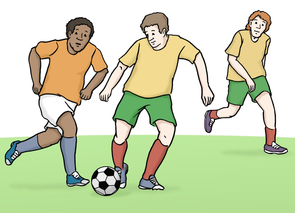 Grafik eines Fussballspiels. Kampf von zwei Spielern um den Ball während der dritte Spieler im Hintergrund beiden zusieht.